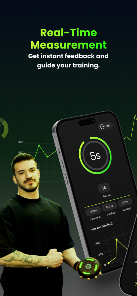 CatchPad - CatchPad app interface displaying real time reaction time statistics and training feedback.