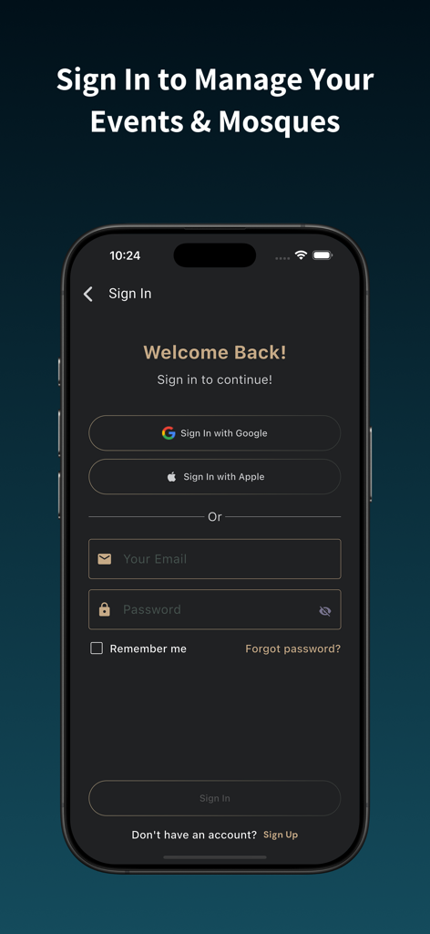 Muslim Times Pro: Prayer,Quran - Tela de login para o aplicativo Muslim Times Pro para gerenciar eventos e mesquitas