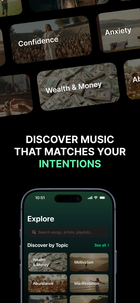 Innertune Music - Mobile app screen showing music categories for different intentions like wealth motivation and abundance