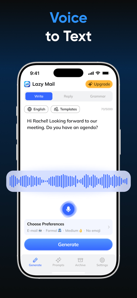 AI Email Writer: Lazy Mail - Lazy Mail app interface showing the voice to text functionality for drafting professional emails