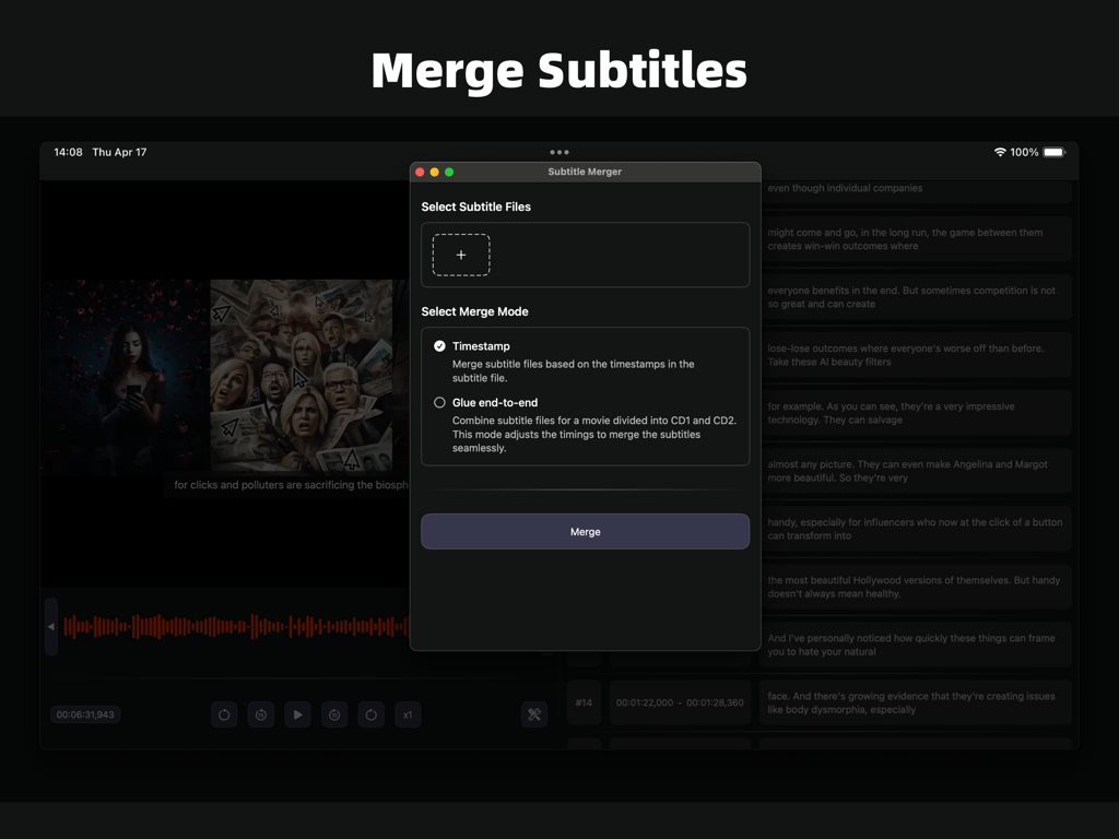 SubEasy app screen showing the subtitle merger tool with options to combine files by timestamp or glue them end-to-end