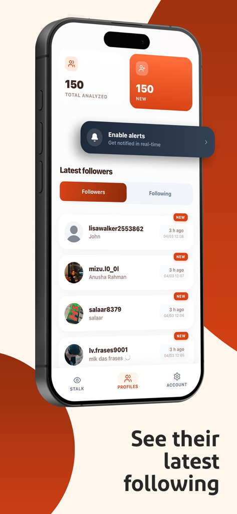 Eyko: Recent Follow Tracker - Interfaz de la aplicación Eyko que muestra una lista de los últimos seguidores con marcas de tiempo y nombres de perfil.