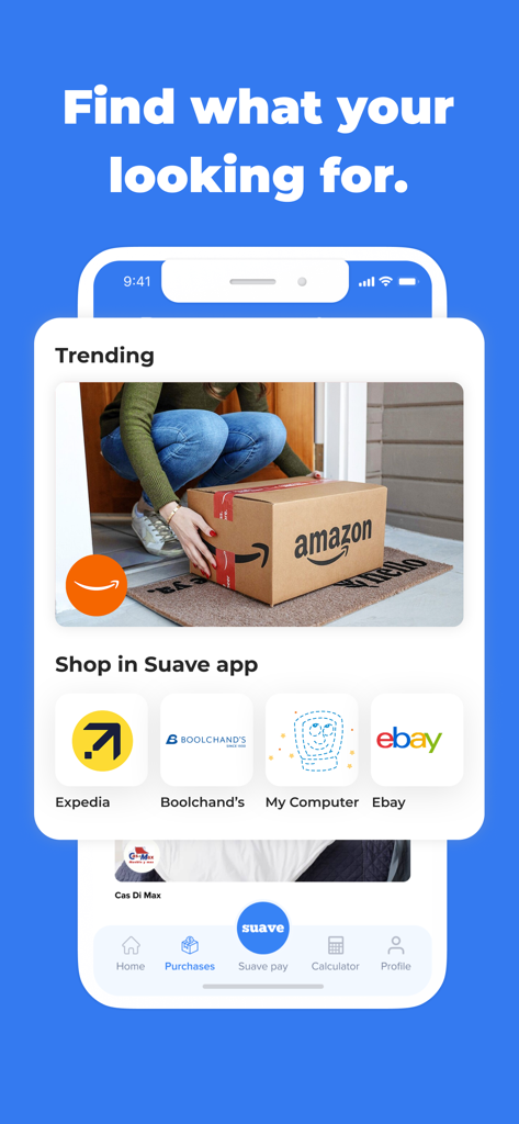 Suave: Buy now, pay later. - Suave app interface showing trending items and popular retailers like Amazon and Ebay for Buy Now Pay Later shopping