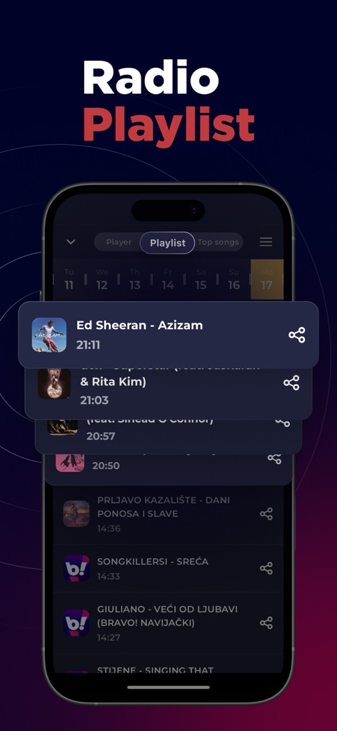 Radio Croatia FM Live Online - A interface da lista de reprodução do aplicativo Rádio Croácia FM mostrando faixas tocadas recentemente.