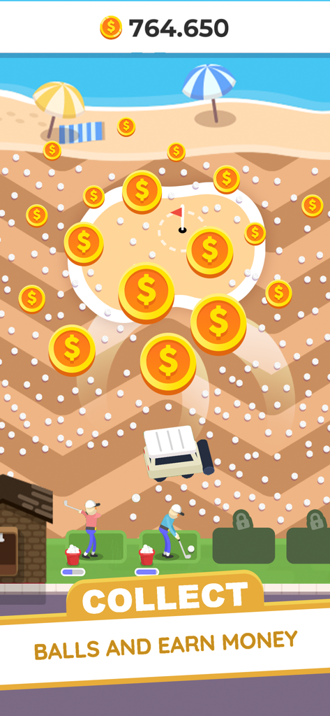 Golf Inc. Tycoon - Un carrito de golf recogiendo pelotas en un campo de golf tropical para ganar dinero en Golf Inc Tycoon.