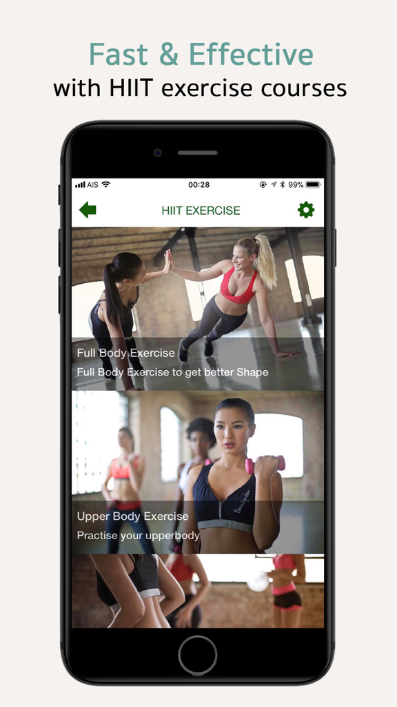 7-Minute Workout and Calm Mind - App interface showing HIIT exercise courses for full body and upper body training.