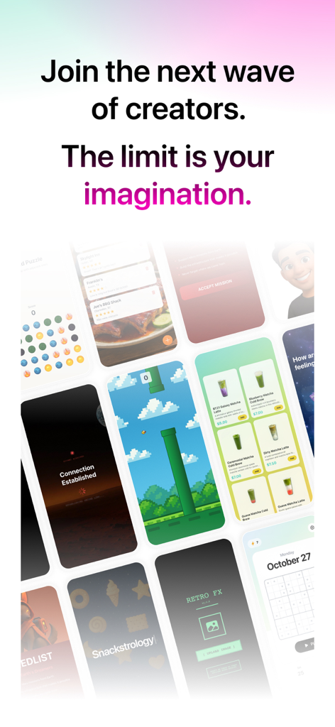 Vibecode - AI App Builder - Un collage de diversas interfaces de aplicaciones móviles creadas con el constructor de aplicaciones de IA Vibecode