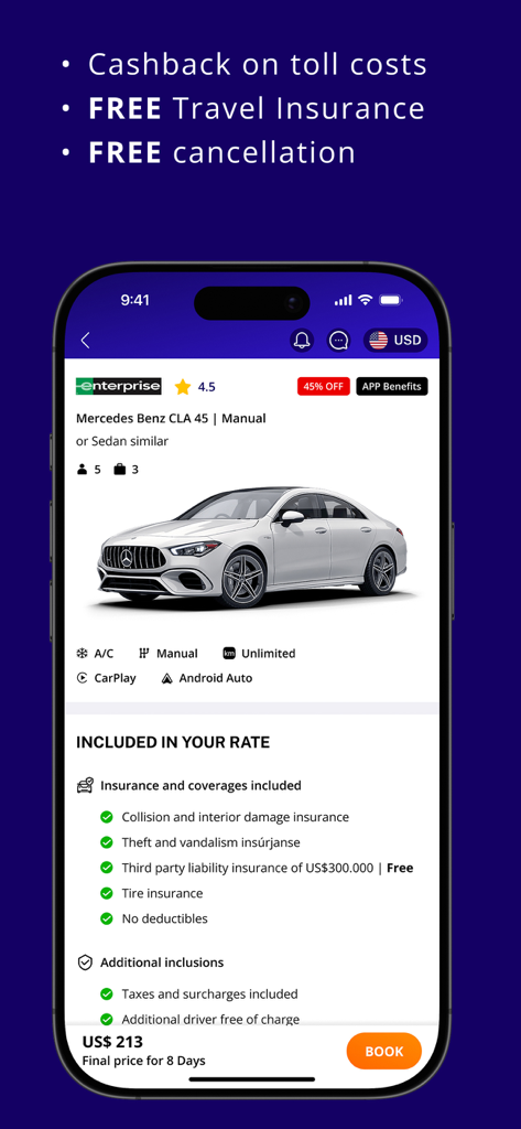 Hola Car Rentals - Hola Car Rentalsアプリのメルセデス・ベンツのレンタカー詳細画面、保険の含まれる内容と価格が表示されている