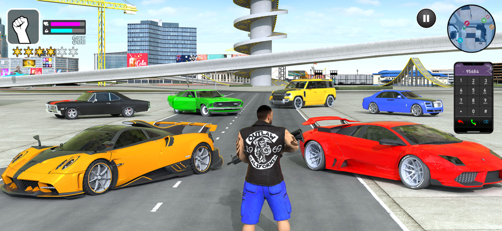 Life of Street Thugs - A gangster character standing in a city street surrounded by multiple luxury sports cars