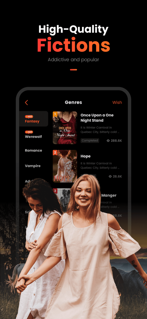 iStory-Best Romance Webnovels - Interface do aplicativo iStory mostrando gêneros populares de webnovelas de romance e fantasia