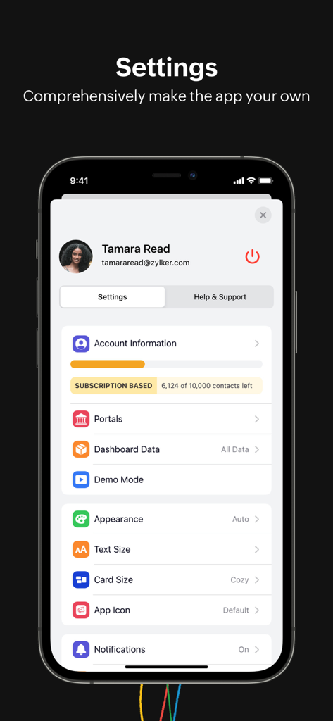 Zoho Campaigns-Email Marketing - Settings screen of Zoho Campaigns app showing user profile, contact management status, and appearance customization options.