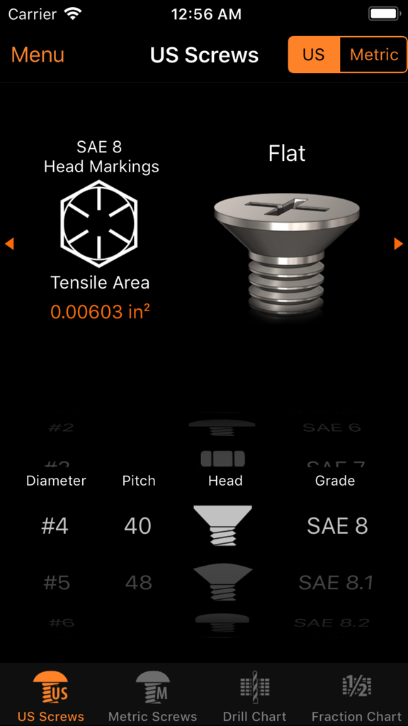 iEngineer - iEngineer app displaying technical specifications and head markings for US screws