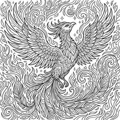 Embrace the legend of the fiery crimson phoenix with this intricate coloring template. Its magnificent wings and tail are adorned with detailed patterns, set against a backdrop of dynamic flames, offering a truly captivating coloring experience.