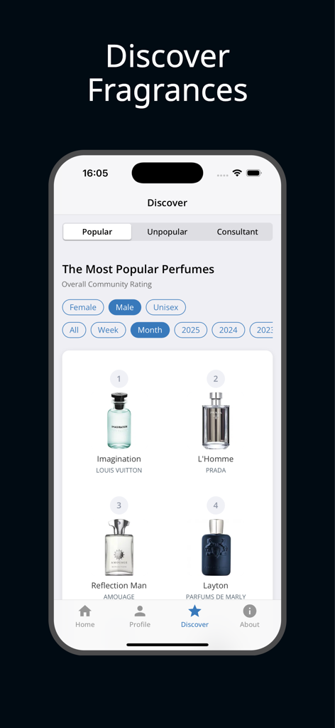 Parfumo mobile app screen showing a curated list of the most popular perfumes for men