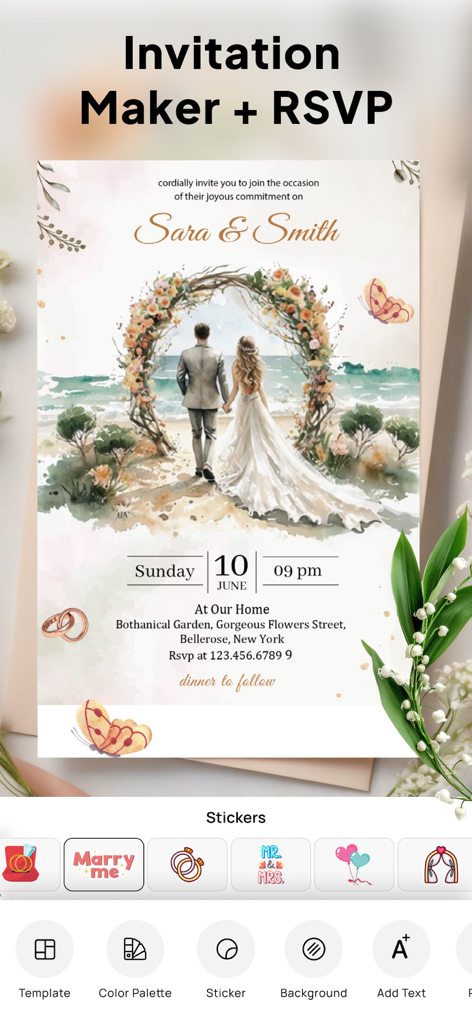 Invitation Maker| Digital RSVP - ビーチの風景とカスタマイズ用のステッカーが付いた水彩ウェディング招待状テンプレートを表示する招待状メーカーアプリのインターフェース。