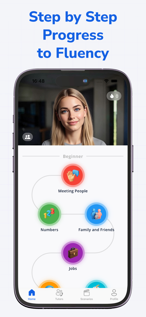 Vocha - Speaking Practice AI - Vocha app screen showing a step by step language learning path for beginners with various conversation topics