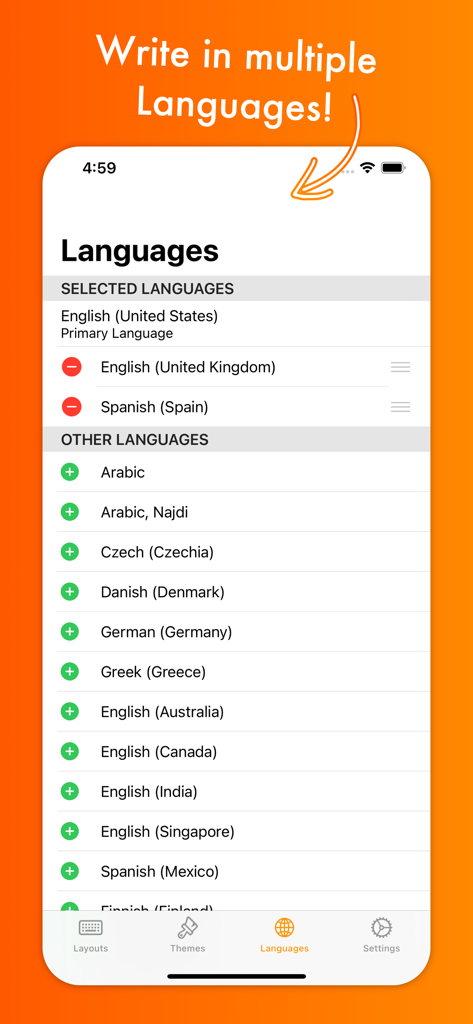 MyKeyboard Pro - Interfaccia di selezione della lingua in MyKeyboard Pro che mostra opzioni per più lingue, tra cui inglese, spagnolo e arabo.
