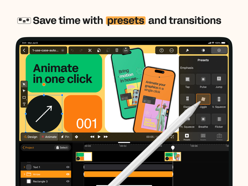 Linearity Move Motion Graphics - Linearity Move app interface on iPad showing motion graphic animation presets.