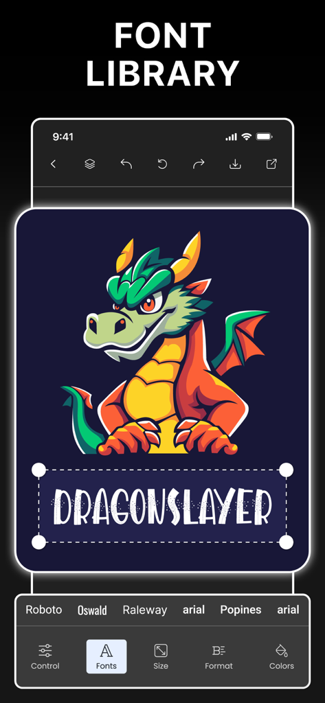 Logo Maker: Poster & Flyers - Una pantalla de smartphone mostrando la biblioteca de fuentes en la app Logo Maker con un logo de mascota de dragón