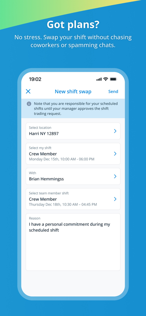 TeamLive mobile app interface for swapping work shifts with coworkers