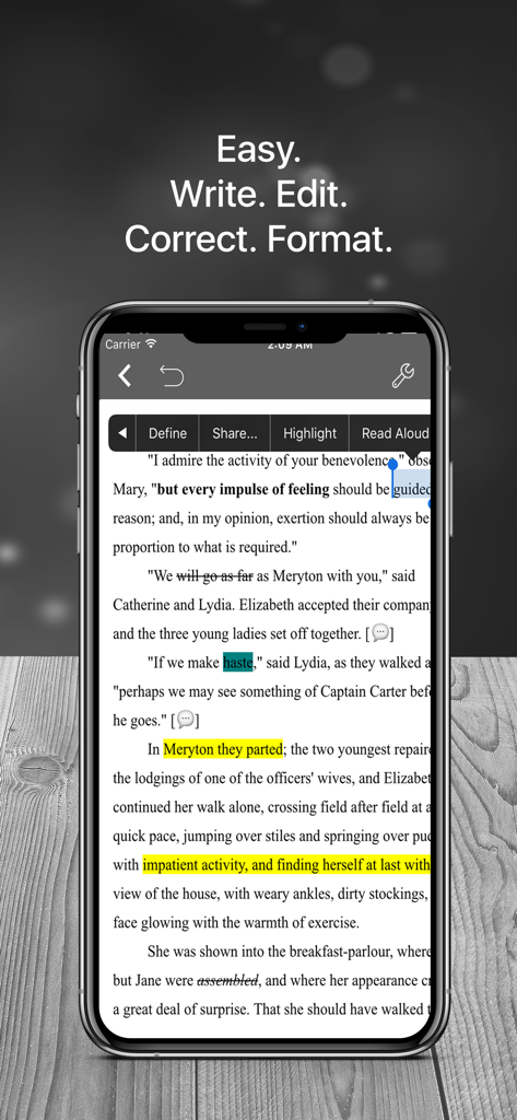 Scrivener Companion - Scrivo 3 - 텍스트 편집 및 서식 도구를 표시하는 iPhone의 Scrivo 3 모바일 인터페이스