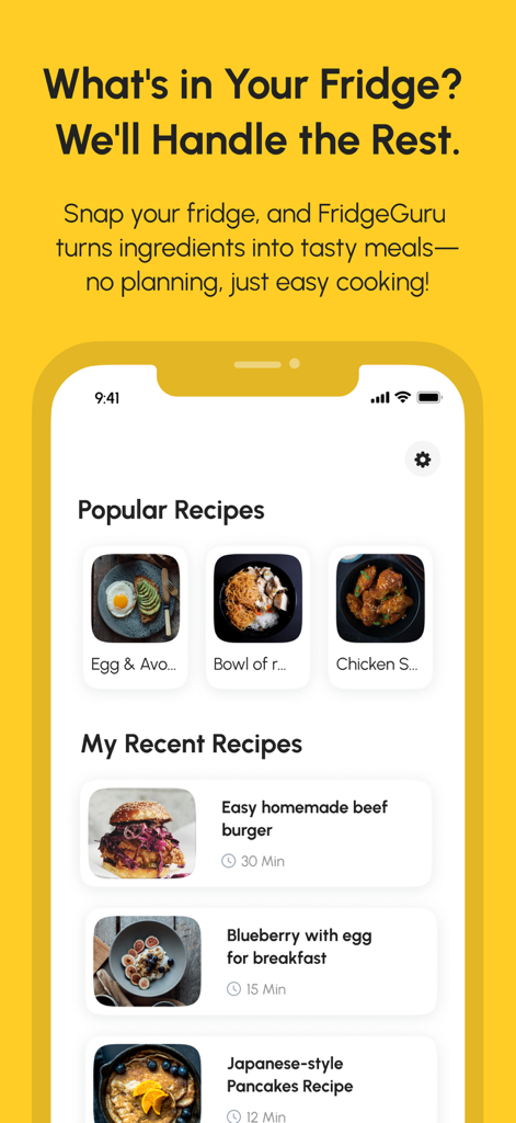 FridgeGuru: Instant Recipes - El panel de la aplicación FridgeGuru que muestra recetas populares y recientes como hamburguesa casera de ternera y cuencos de desayuno de arándanos