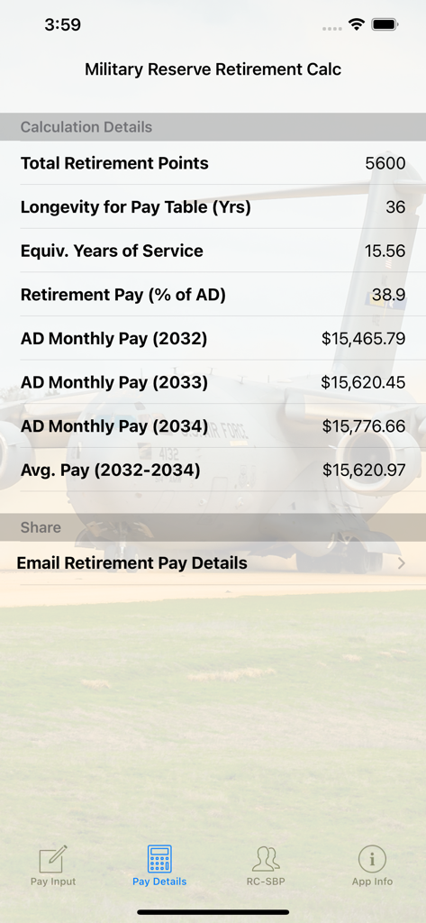 Military reserve retirement calculator app showing points and monthly pay projections