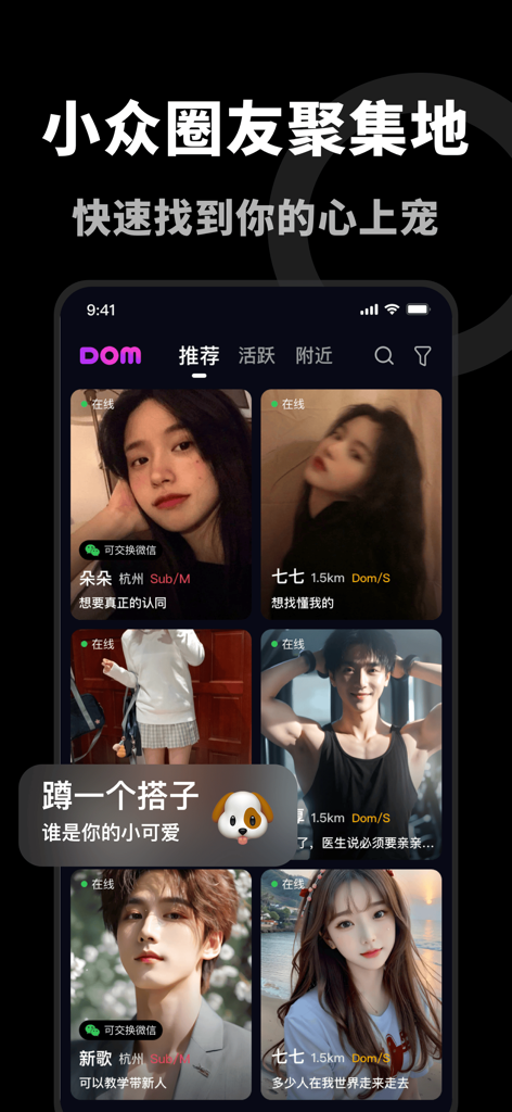 User interface of the Dom app displaying a grid of profile cards for niche subculture social networking.