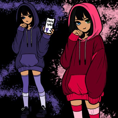 realistic girl who looks tired and is wearing an oversized hoodie and knee high socks and is holding a phone