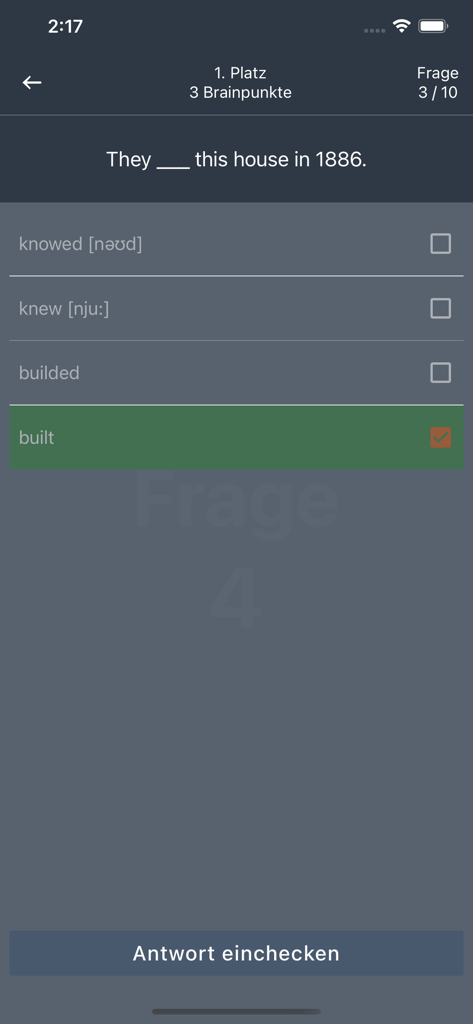 BRAINYOO Flash Cards Learning - Uma questão de teste de gramática inglesa de múltipla escolha na interface do aplicativo de aprendizado de flashcards BRAINYOO.