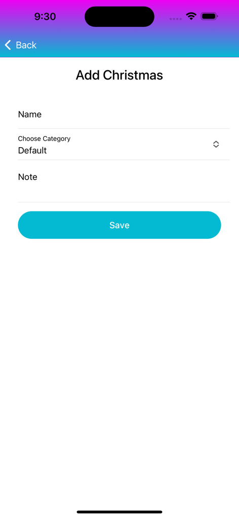 Tela mostrando um formulário para adicionar uma entrada de cartão de Natal com campos para nome, categoria e notas