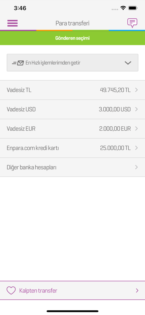 Enpara Bank Cep Şube - Enpara Bank mobile app interface showing the account selection screen for a money transfer with options for TL USD and EUR accounts