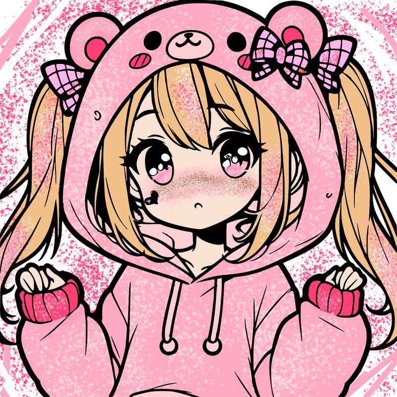 cute anime girl with ponytails and a cute bear hoodie