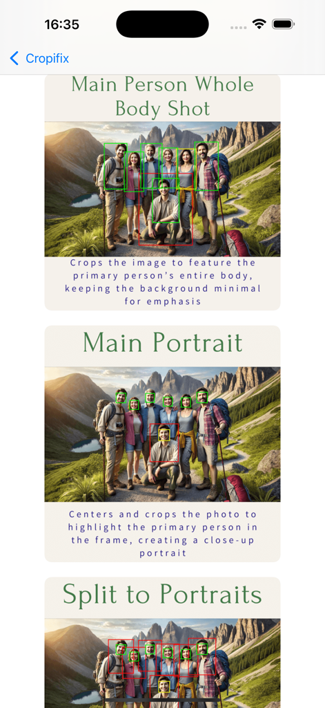 Cropifix - Cropifixアプリ画面、人物写真とポートレートクロッピングのAIオプションを表示