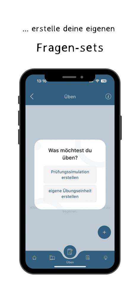 ikreawi 2.0 - Interface of the ikreawi 2.0 app showing options to create a custom exam simulation or a personalized practice session.