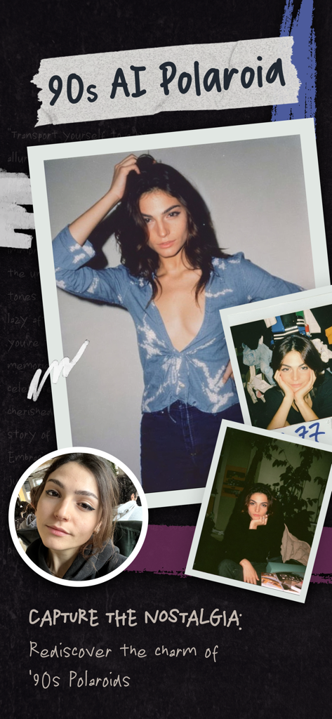 A showcase of the 90s AI Polaroid filter in the Loopsie app featuring vintage-style portrait effects