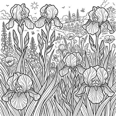 Capture the essence of a radiant summer day with this stunning coloring page featuring graceful irises. Immerse yourself in a full-scene landscape bursting with intricate floral details and the joy of the season.