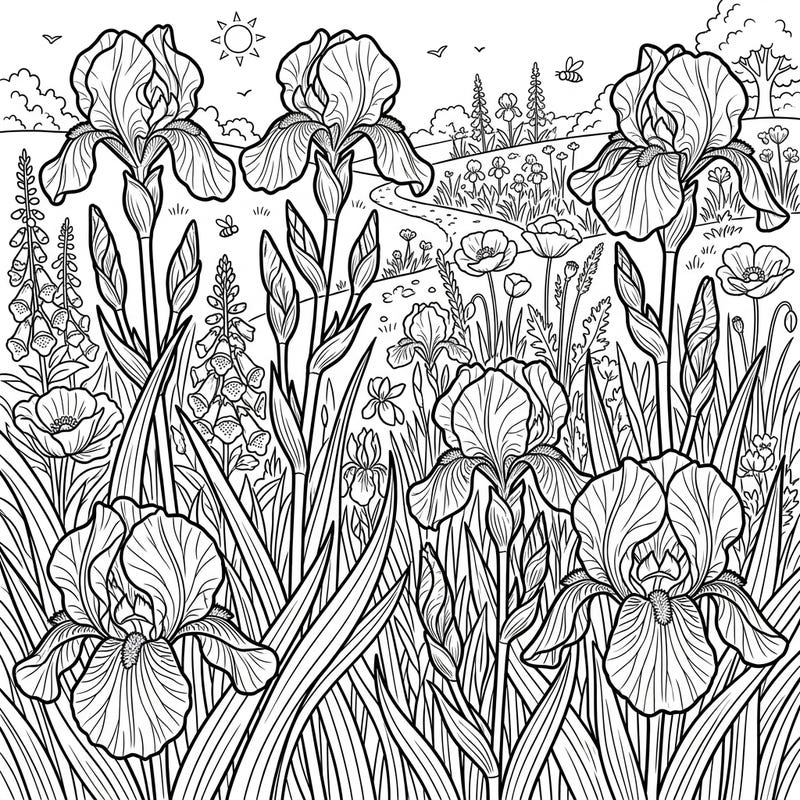 Capture the essence of a radiant summer day with this stunning coloring page featuring graceful irises. Immerse yourself in a full-scene landscape bursting with intricate floral details and the joy of the season.
