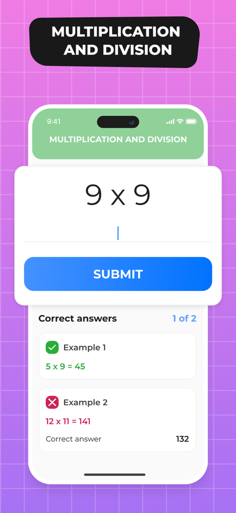 Matsy Abacus - Matsy Abacus app multiplication and division practice screen showing a math problem and feedback on correct and incorrect answers