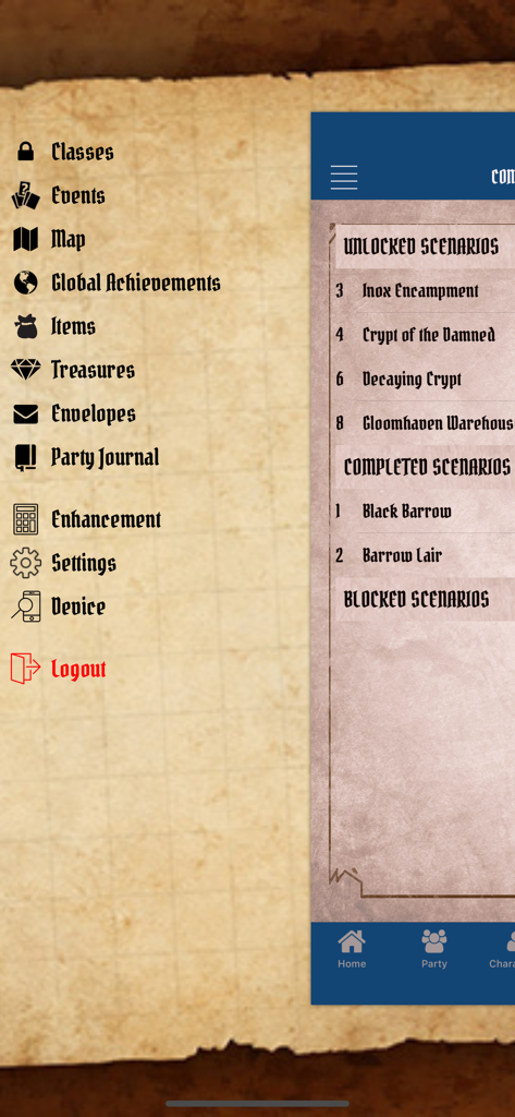 Gloomhaven Campaign Tracker - A screenshot of the Gloomhaven Campaign Tracker app showing the navigation menu and scenario progress on a parchment style background.