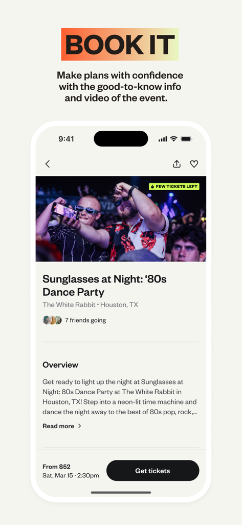 Eventbrite - A screenshot of the Eventbrite app showing an event page for an 80s Dance Party with a Get Tickets button and event overview.
