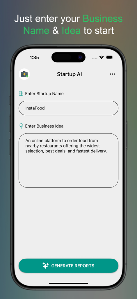 Startup AI: Idea Validator - Startup AI app interface for entering a business name and idea