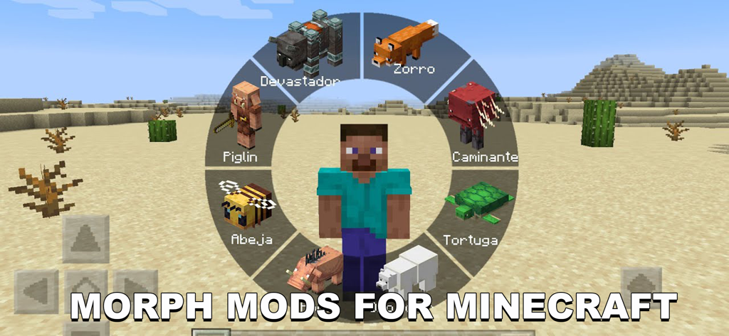 Morph Addons For Minecraft - Un menú radial en Minecraft que muestra diferentes mobs disponibles para la transformación