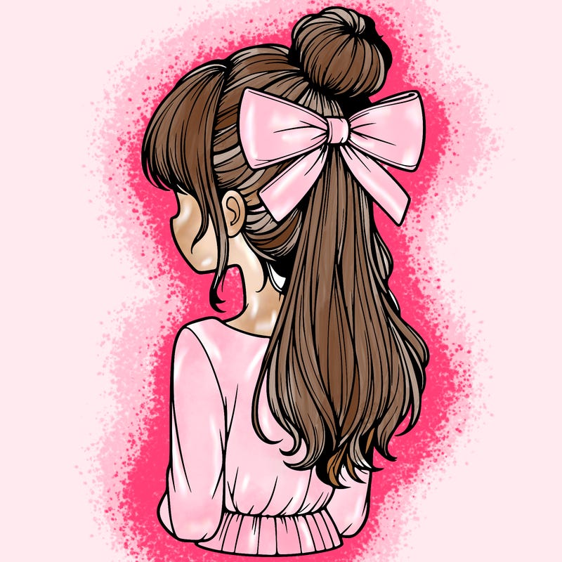 realistic girl  with hip length hair a bun and a big bow on the back of head