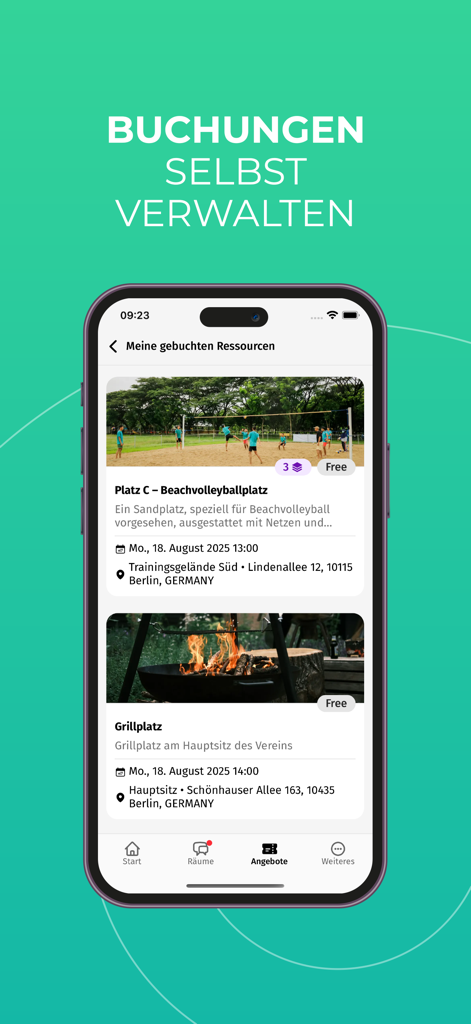 campai - Mobile app screen showing a list of booked resources including a beach volleyball court and a grill area.