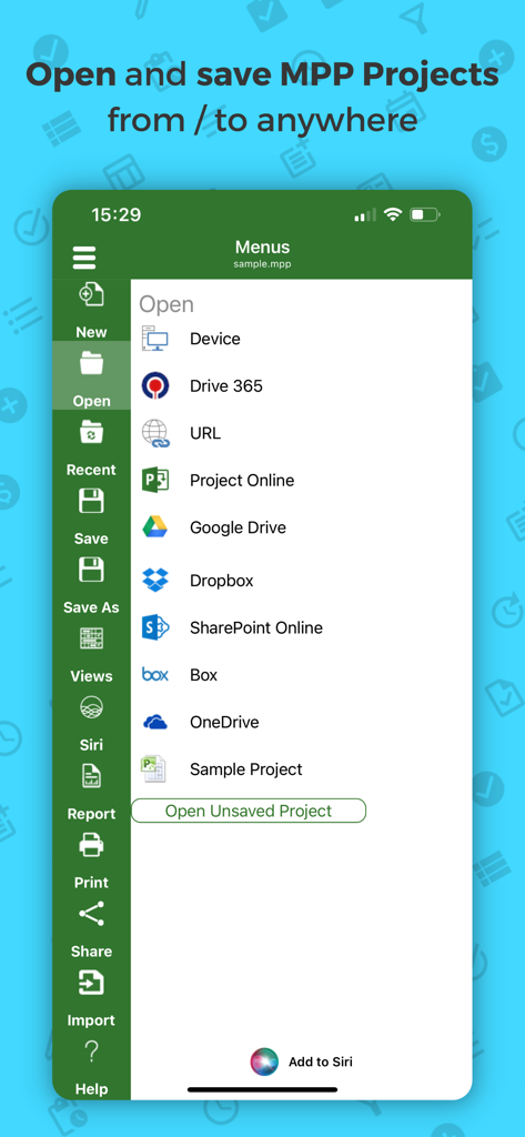Project Plan 365 - Project Plan 365 mobile app interface showing various cloud storage options to open and save MPP project files
