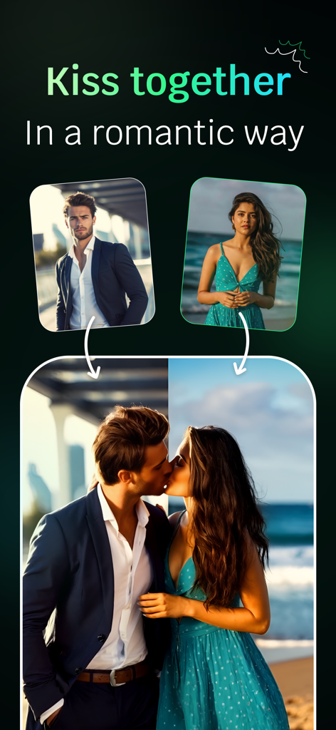 Ai Kiss Video Maker : Picfy - Capture d'écran de l'application Picfy montrant comment deux photos séparées sont combinées en une animation de baiser IA romantique.