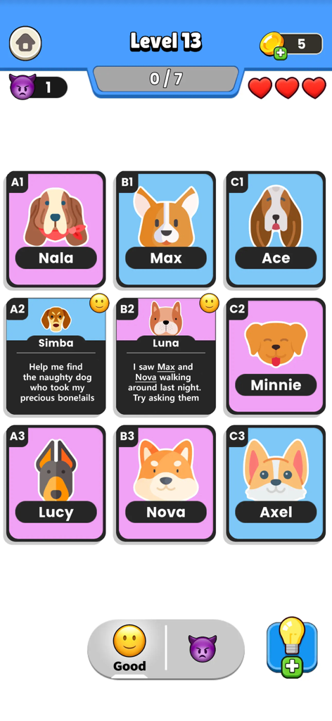 Clue Master - Logic Puzzles - Gameplay screenshot of Clue Master logic puzzle showing a grid of dog characters and text clues to identify the naughty dog.