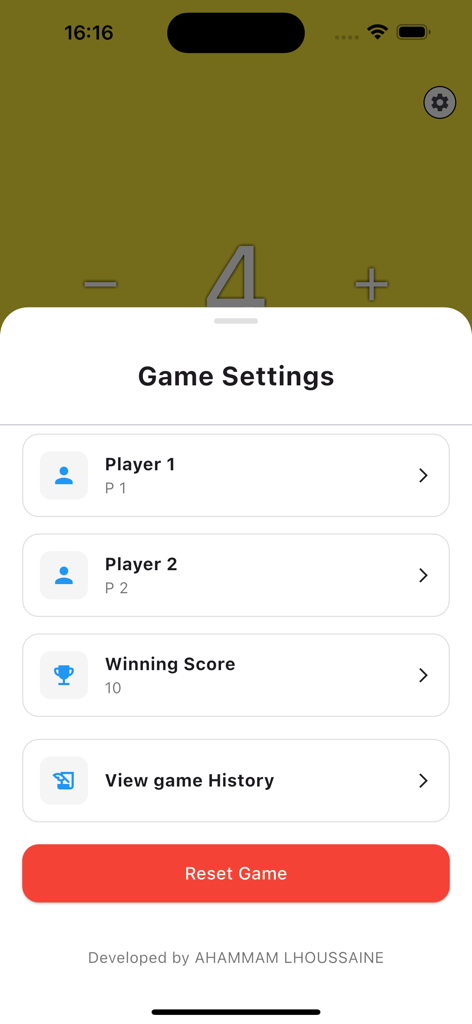 Score Counter: Clicker - Game settings menu of the Score Counter app showing player configuration and winning score options