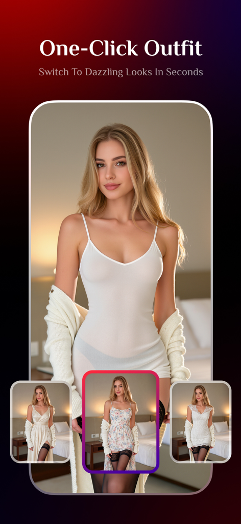 Una mujer demostrando la función de cambio de atuendo con un clic en la aplicación SwapX AI con diferentes estilos de vestido.